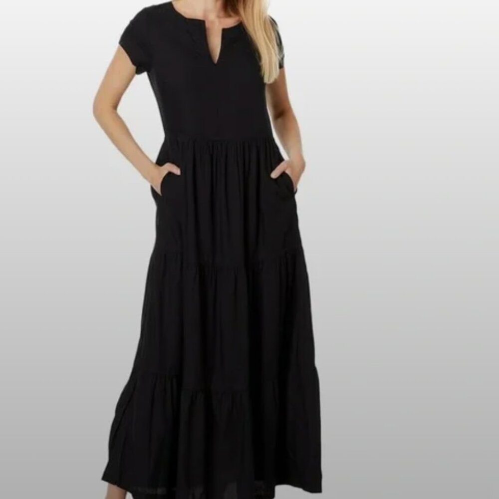 PACT NWT Sm Black Organic Cotton Tiered Peasant Maxi Dress Pockets